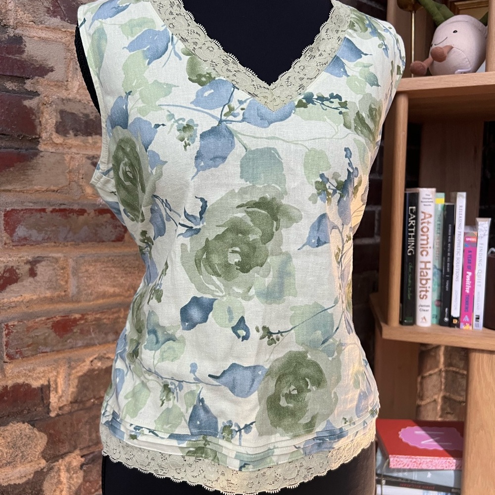 Y2K Retro Norton Studio Green & Blue Floral Lace Trim Blouse Women’s S